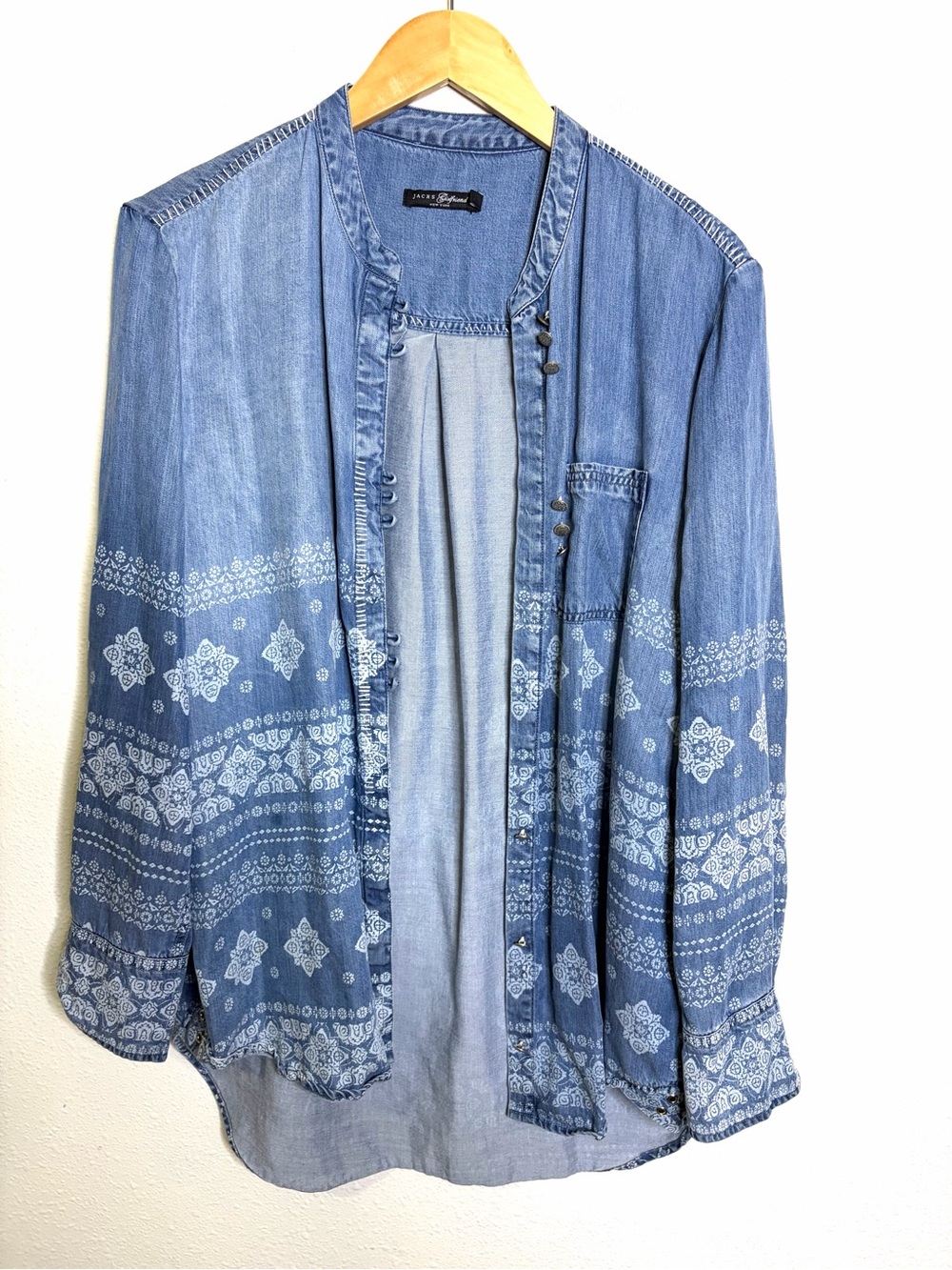 JACHS Girlfriend Light Blue Printed Denim Tunic Jacket shirt Tencel XL long
